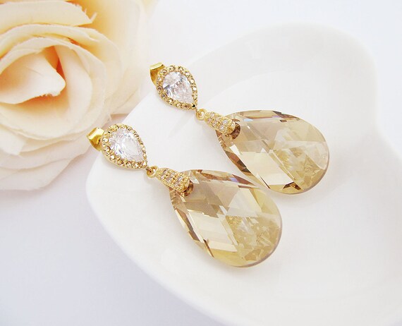 Bridal Earrings Gold plated Cubic zirconia ear posts with (Huge) Golden Shadow Swarovski Crystal drops