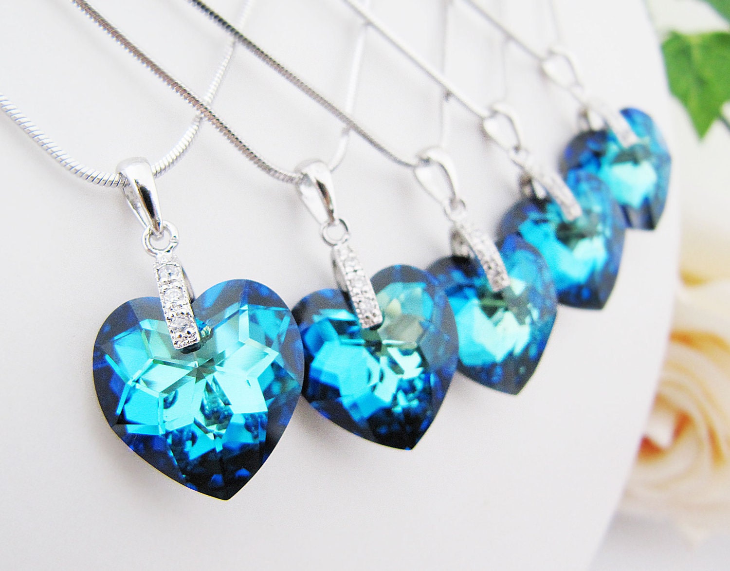 SET of 5 Wedding Bridesmaid Necklace Bridal Necklace Cubic zirconia bail with bermuda blue Heart Swarovski Crystal Necklace Bridesmaid Gift