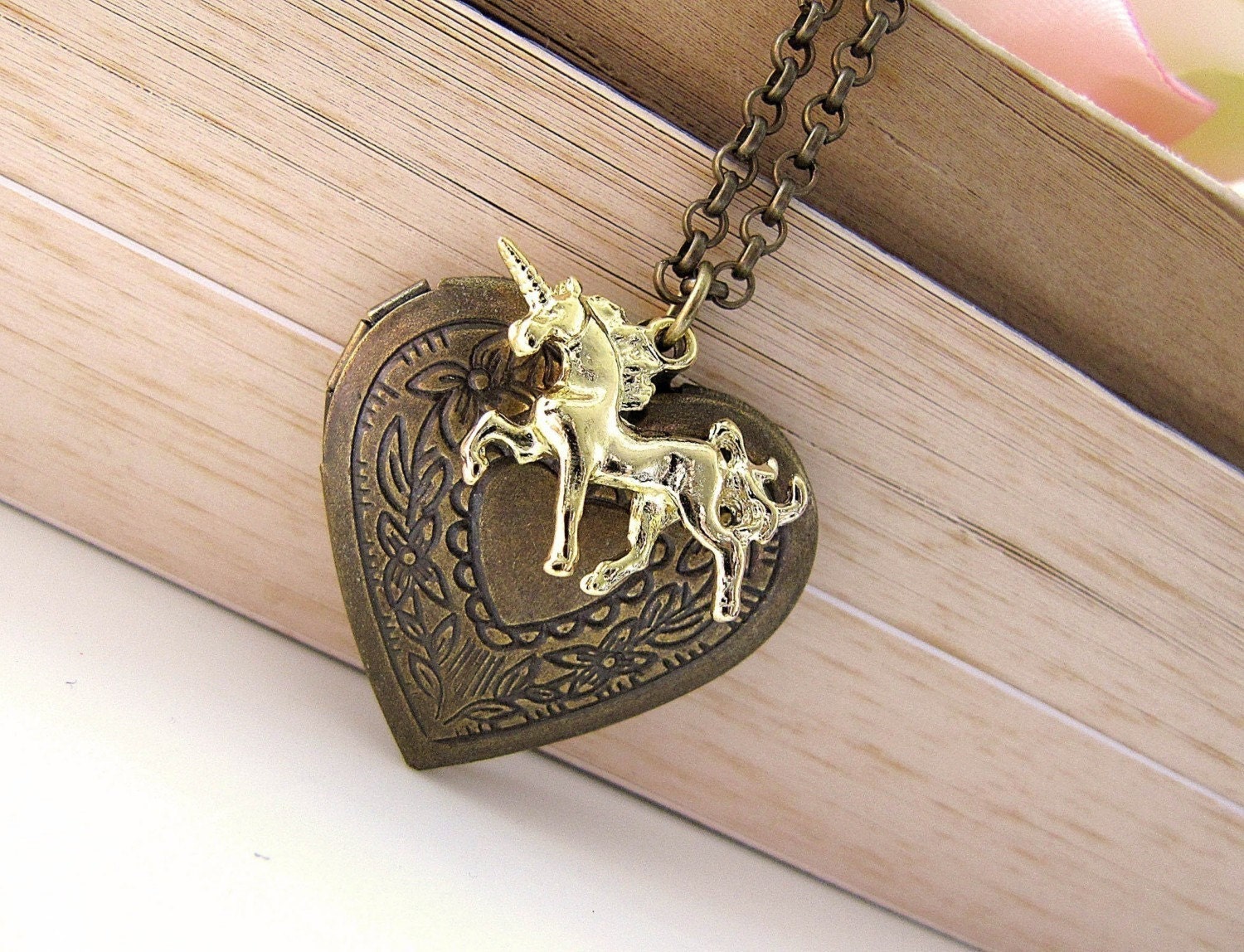 Unicorn Love - Antique Brass Heart Locket and Gold plated Unicorn Charm Necklace