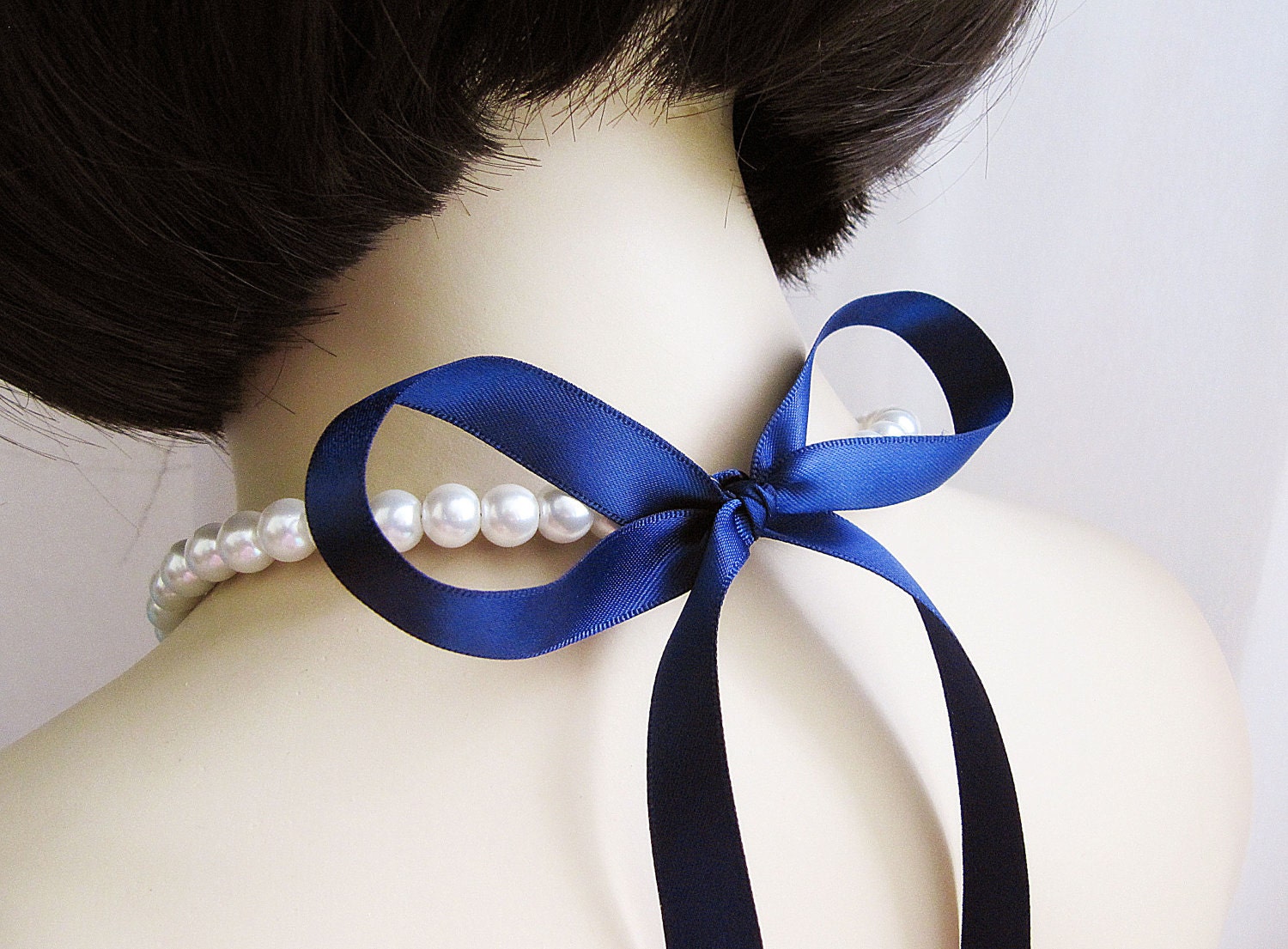 Design your own Sweet and Simple Crystal White Pearl and Ribbon Bridal Bridesmaid Necklace -11 Ribbon colors to choose