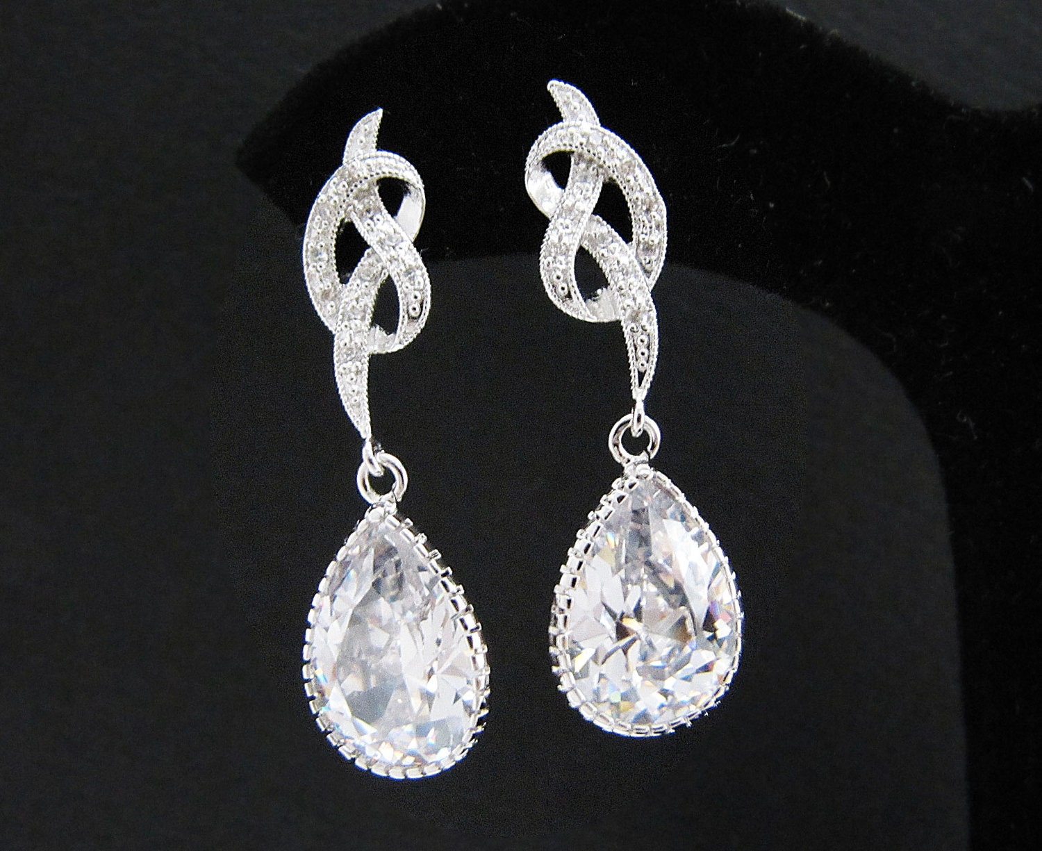 Bridal Earrings Matte Rodium plated Jewel Knot Cubic zirconia ear posts with clear white large cubic zirconia Crystal tear drops