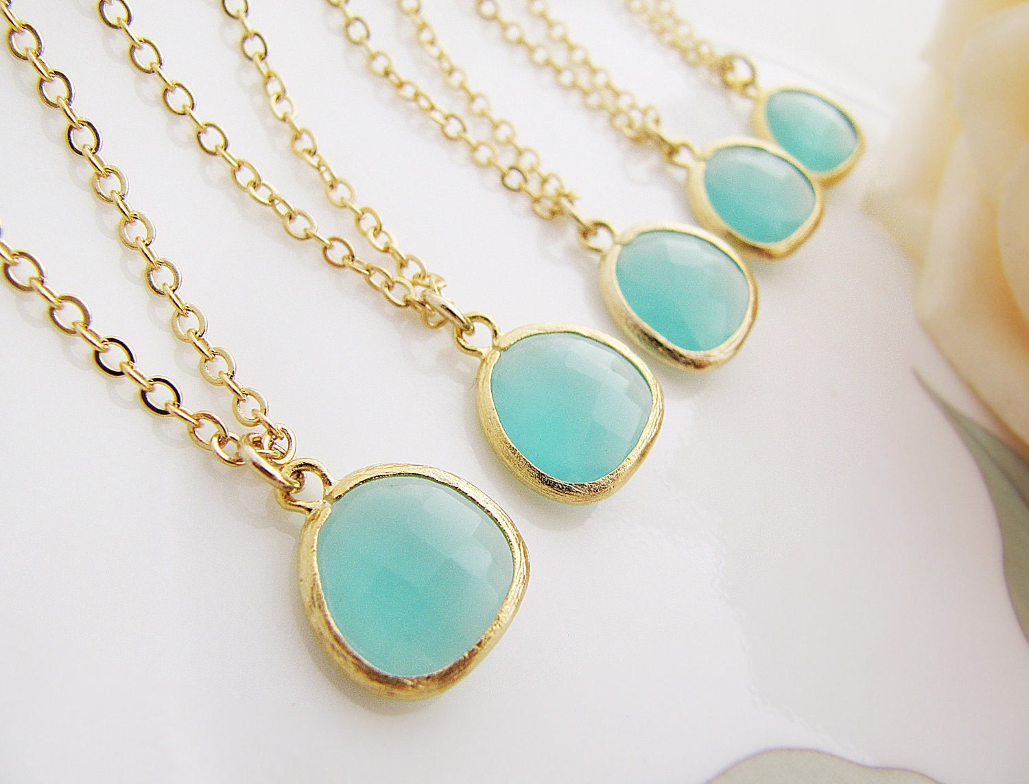 SET of 4 Wedding Jewelry Bridesmaid Necklaces Sweet simple - Sea foam glass drop with matte gold trimmed Necklace - Bridal Bridesmaid Gift