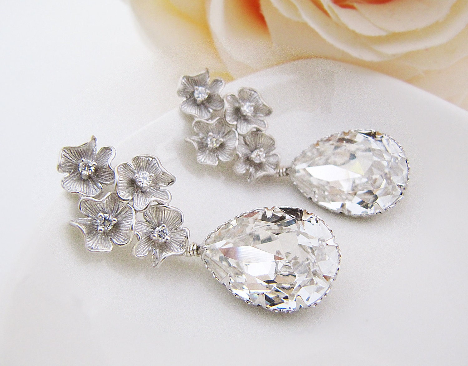Wedding Jewelry Bridal Earrings Bridesmaid Earrings flower with cubic zirconia ear posts and Clear White Swarovski Crystal Tear drops