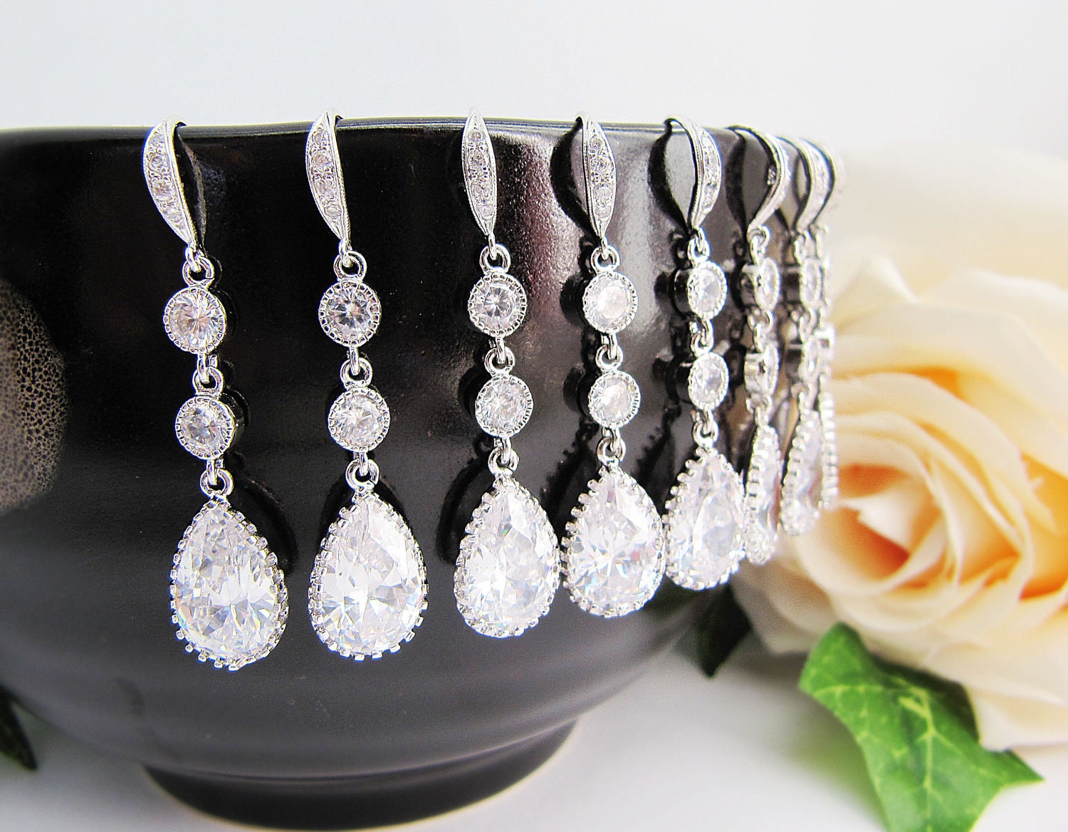 SET of 6 Wedding Bridal Earrings Bridesmaid Earrings cubic zirconia connectors and (M) cubic zirconia Crystal tear drops