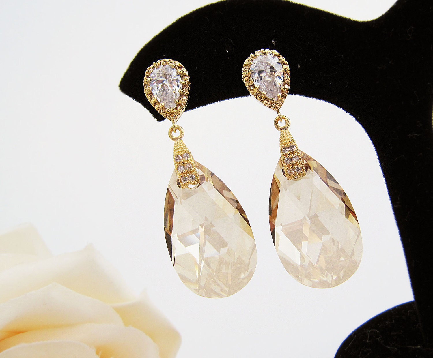 Bridal Earrings Gold plated Cubic zirconia ear posts with (Huge) Golden Shadow Swarovski Crystal drops