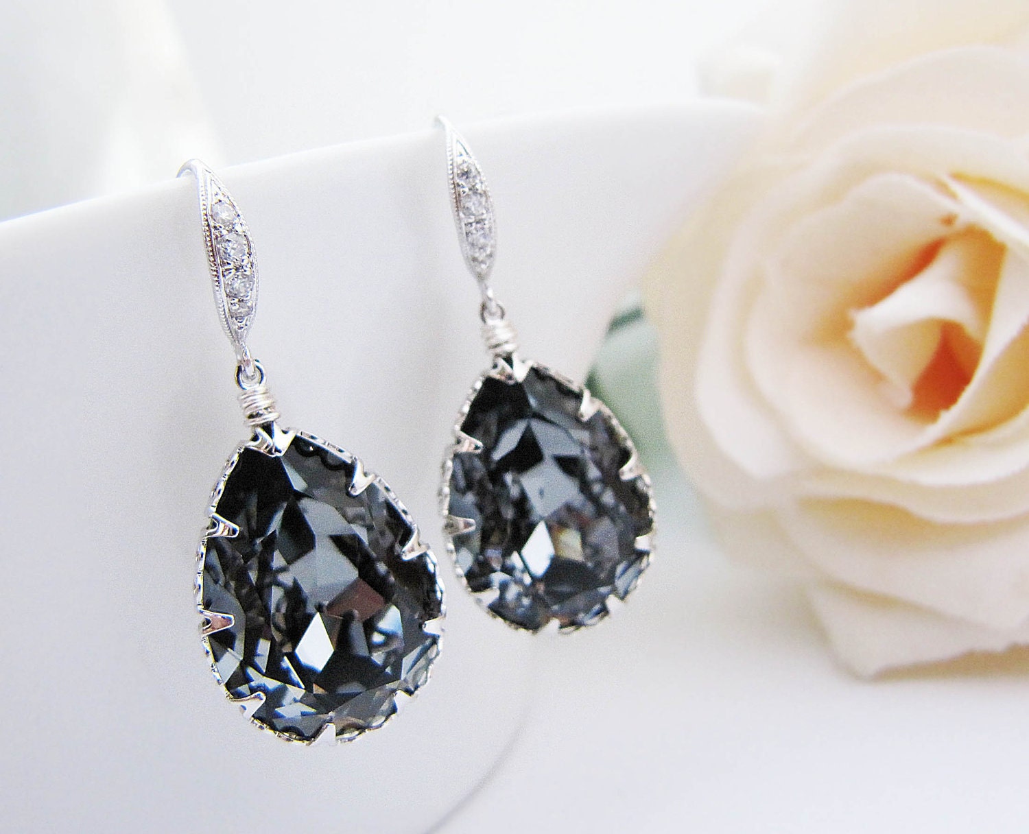 Bridal Earrings Bridesmaid Earrings cubic zirconia ear wires and Silver Night Swarovski Crystal Tear drops