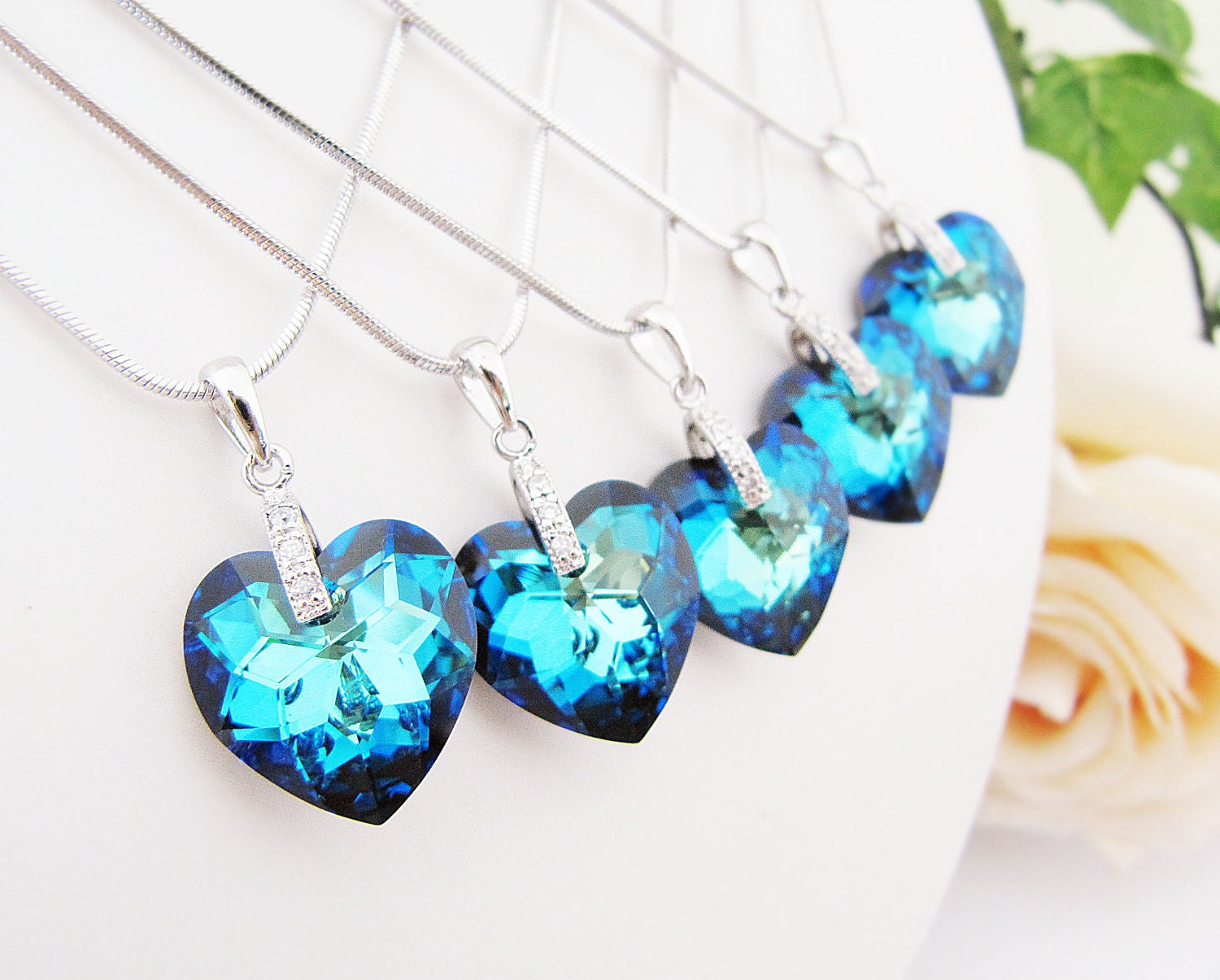 SET of 5 Wedding Bridesmaid Necklace Bridal Necklace Cubic zirconia bail with bermuda blue Heart Swarovski Crystal Necklace Bridesmaid Gift