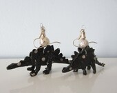Upcycled Earrings made from Toy Dinosaurs - Black Stegosaurus with Silver Polka Dots
