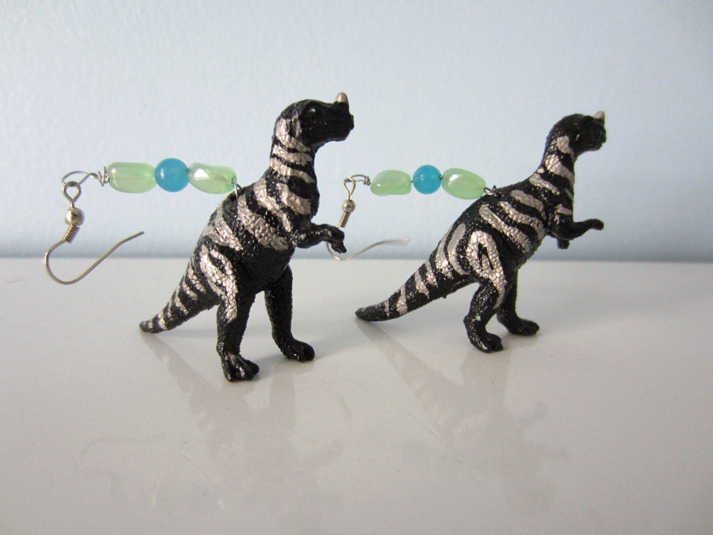 Upcycled Earrings made from Toy Dinosaurs - Black T-Rex with Silver Stripes and Green and Blue Beads
