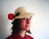 vintage 1970s Floppy Fawn Wool Hat with Red Feather Rose