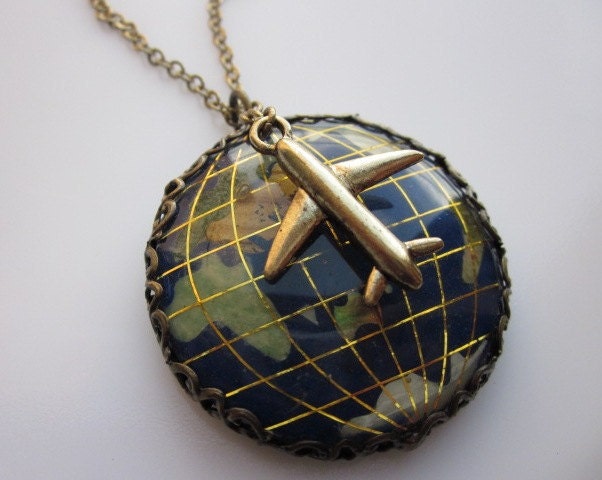 Travel the World. An Airplane and Globe Necklace. Earth Cameo Inlaid with Natural Gemstones and Shell. Long Necklace in Antique Gold Finish