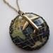 Travel the World. An Airplane and Globe Necklace. Earth Cameo Inlaid with Natural Gemstones and Shell. Long Necklace in Antique Gold Finish
