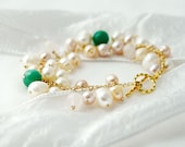 Dangle Charm Bracelet with Gold Plated Chain, Pearls, Rose Quartz and Green Aventurine with Toggle Clasp