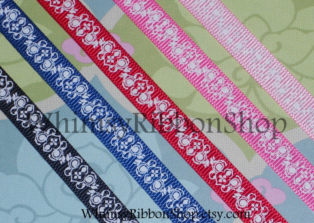 New 3 yards 3/8 White Damask on light Pink Hot Pink Red Navy Black Damask on grosgrain Ribbon For Hair bows Scrapbooking Decor and other Crafts sewing weddings invitations YOUR color CHOICE