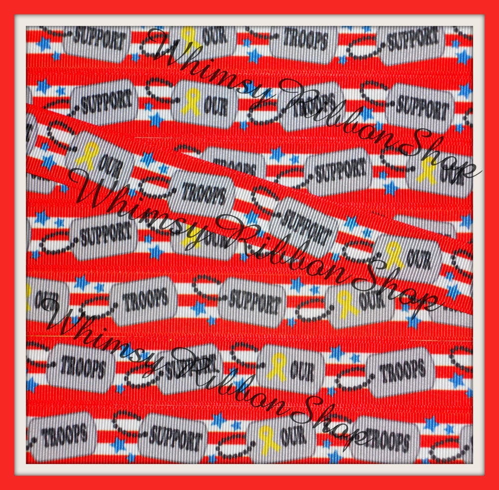 NEW 3 yards 7/8 USA DOGTAG Patriotic Troops on red Grosgrain Ribbon july flag Hair bows Scrap booking dog tags