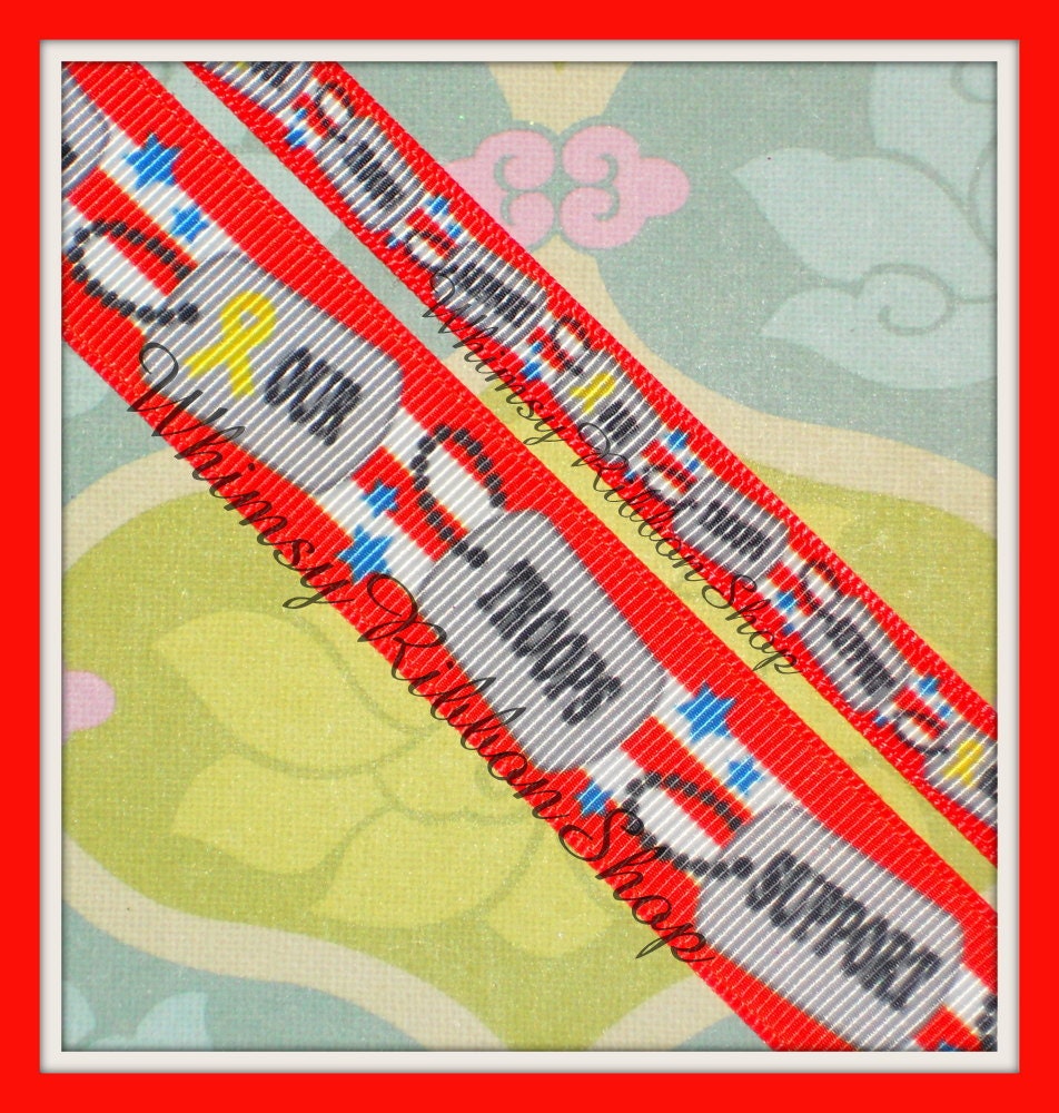 NEW 3 yards 3/8 DOG TAG Chain Support Our Troops Patriotic on red Grosgrain Ribbon july flag Hair bows Scrap booking dogtags usa