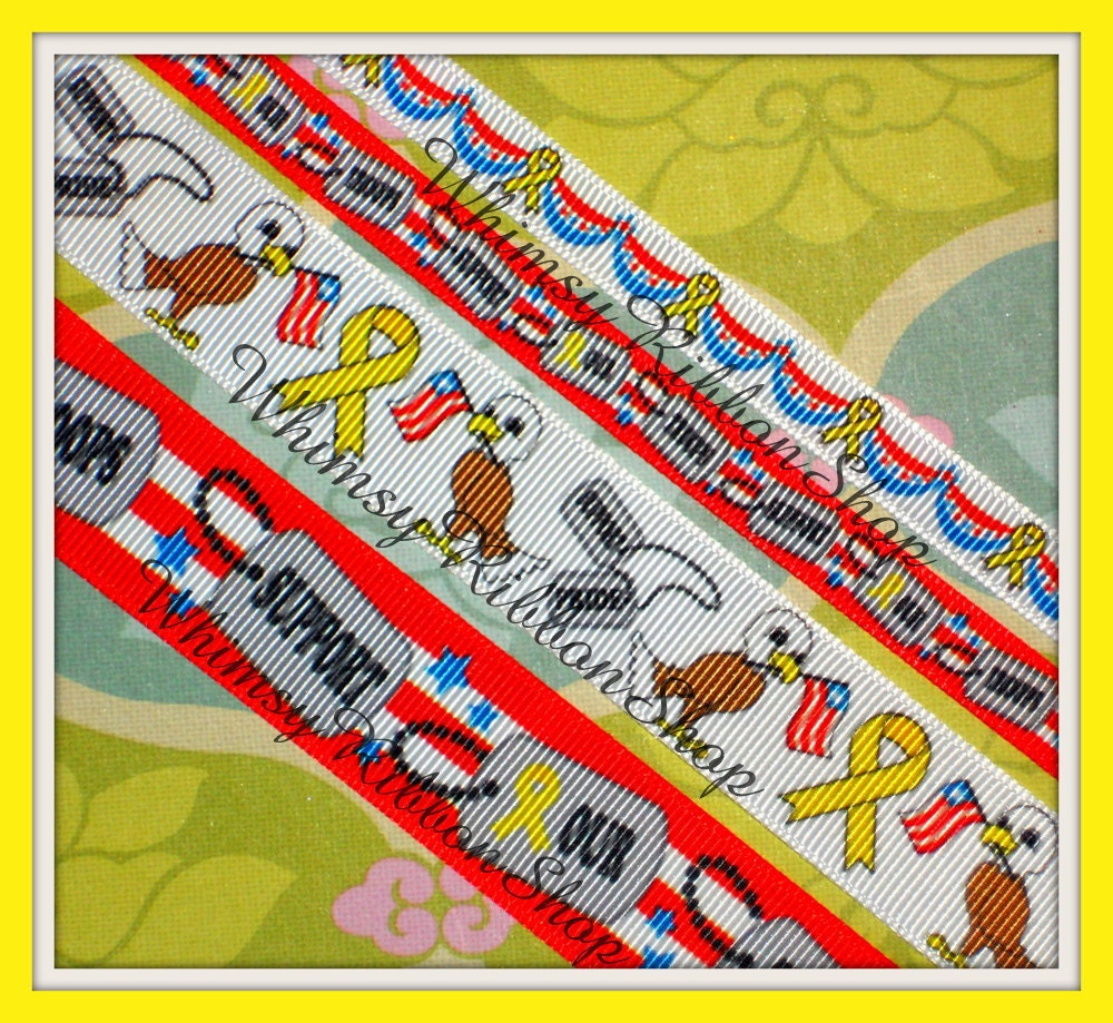 NEW 4 yards 3/8 7/8 DOGTAG TROOPS Patriotic Flag bunting on red Grosgrain Ribbon july Hair bows Scrap booking dog tags Usa Eagles 1 yd each