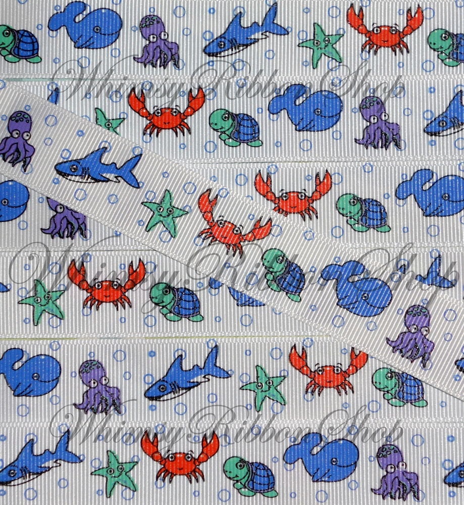 NEW 3 yards 7/8 Under The Sea Critters whales sharks crabs star fish bubbles turtle octopus on White Grosgrain Ribbon sewing Hair Bows Scrap