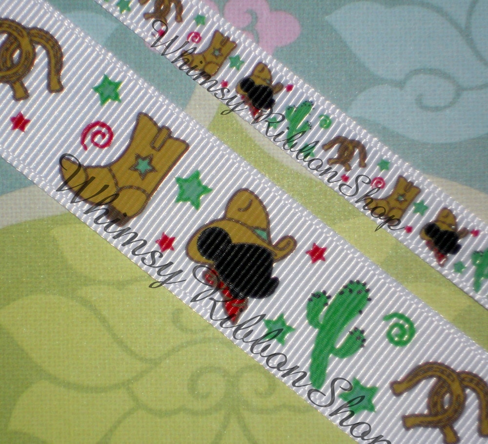 NEW 3 Yards 3/8 Western Mouse head Cowboy up boots cactus hat horse shoes stars on White Grosgrain Ribbon sewing clips hairbows