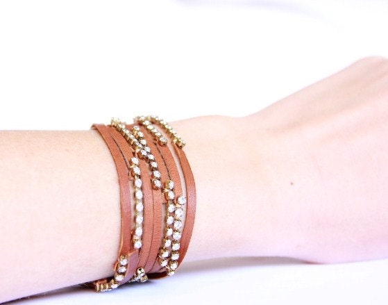 Upcycled Leather & Rhinestone Wrap Bracelet