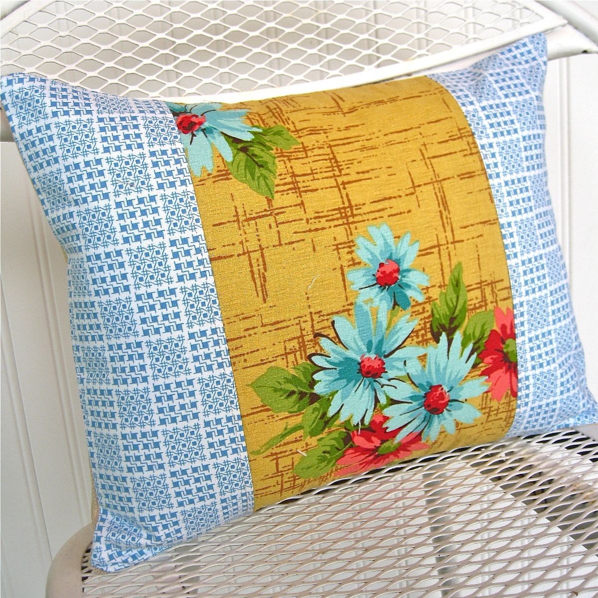 Vintage Fabric and Linen Handmade Pillow   Floral Dobby Cloth