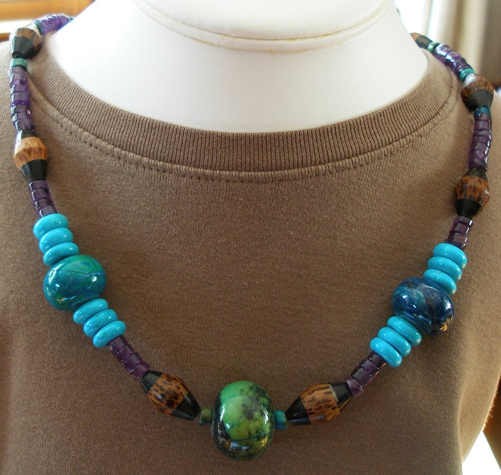 Turquoise Necklace called Island Dreams with Palm Wood, Amethyst, Azurite Malachite, and Turquoise