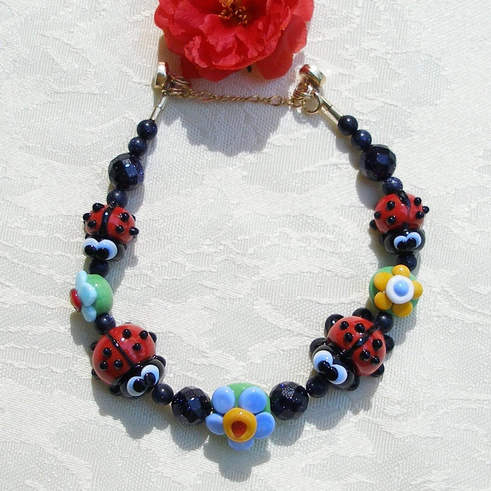 Ladybug Bracelet:  Ladybug Family in the Daisies, a Fun and Colorful Lampwork Bracelet for Nature Lovers