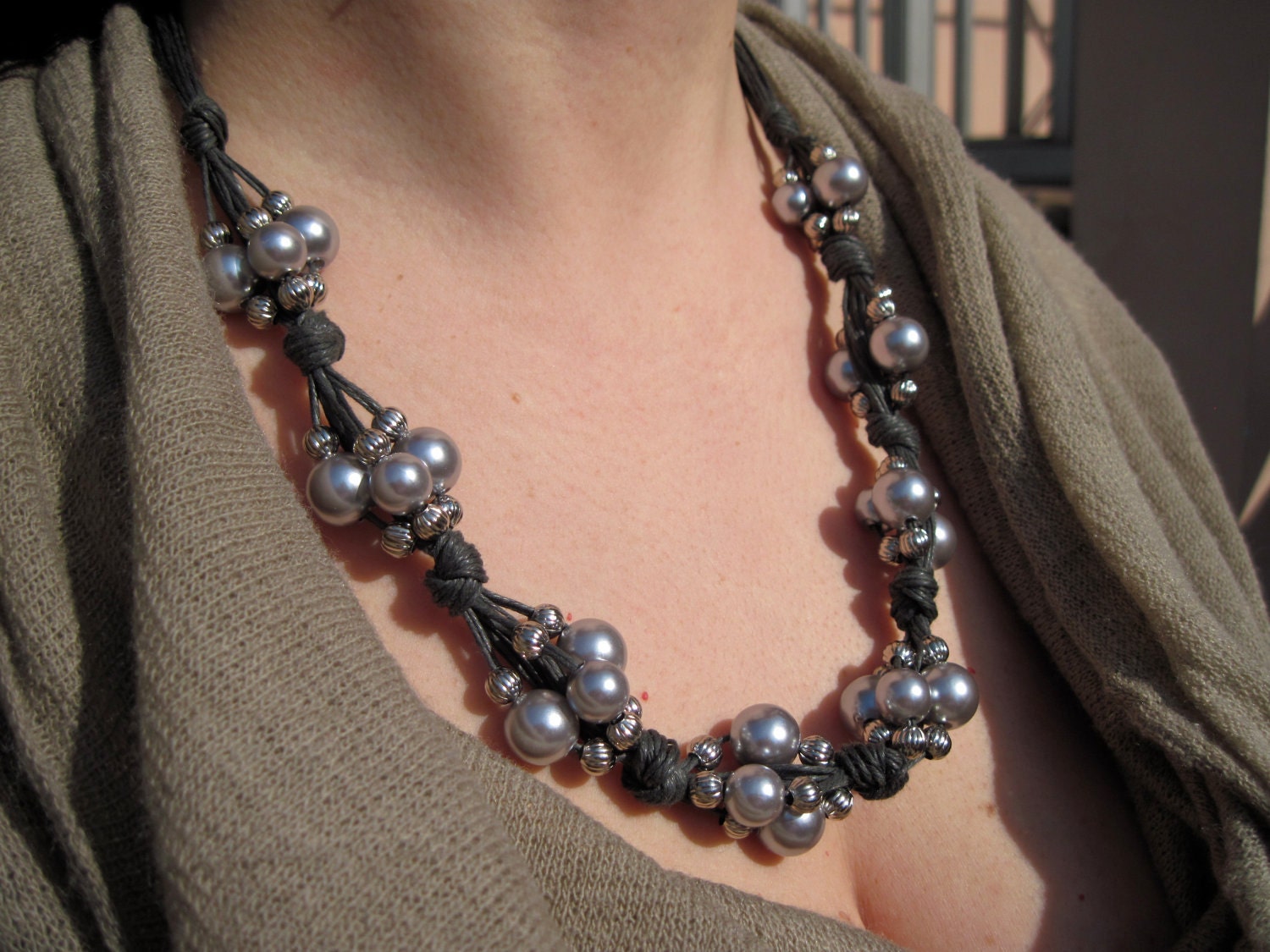 Grey  string necklace - grey pearl and metal beads jewelry fiber