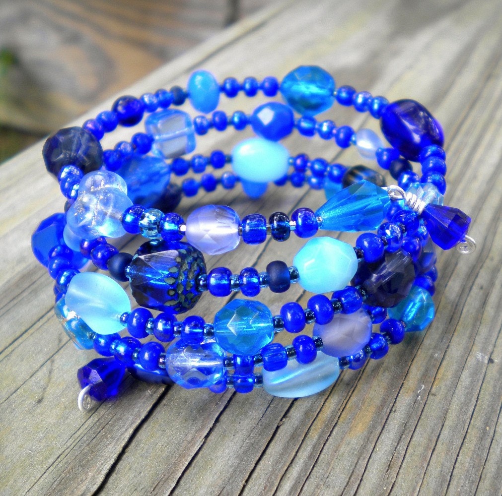 Bracelet Blue Beaded Wrap Cuff