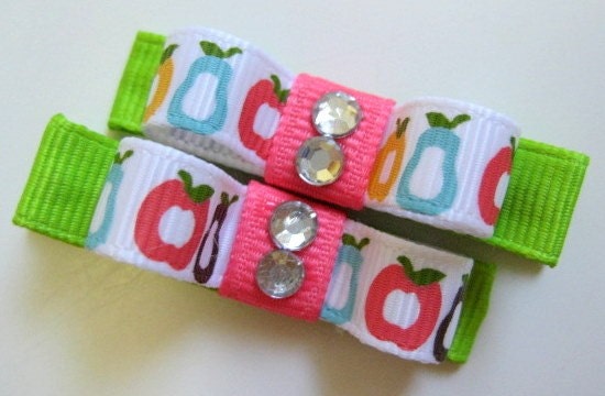 APPLES AND PEARS - Set of 2 Boutique Style Hair Clips / Bows - Baby / Toddler / Girls