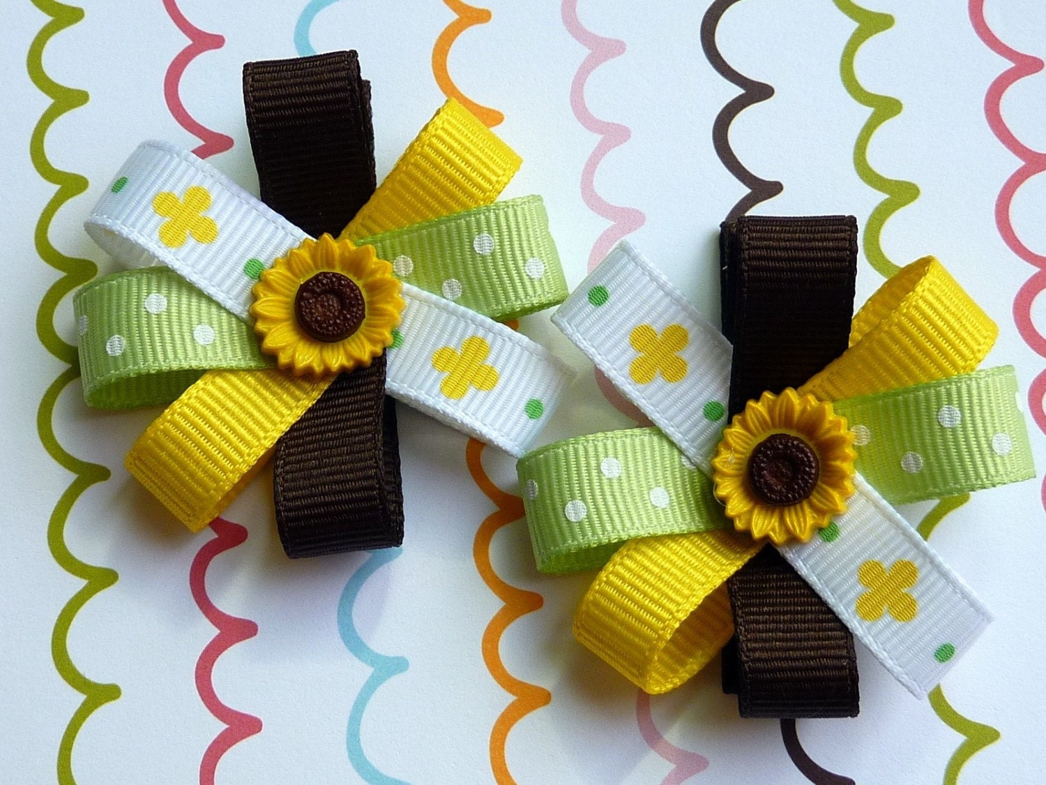 SUNFLOWERS - Set of 2 Flower Loop Hair Bow Clips