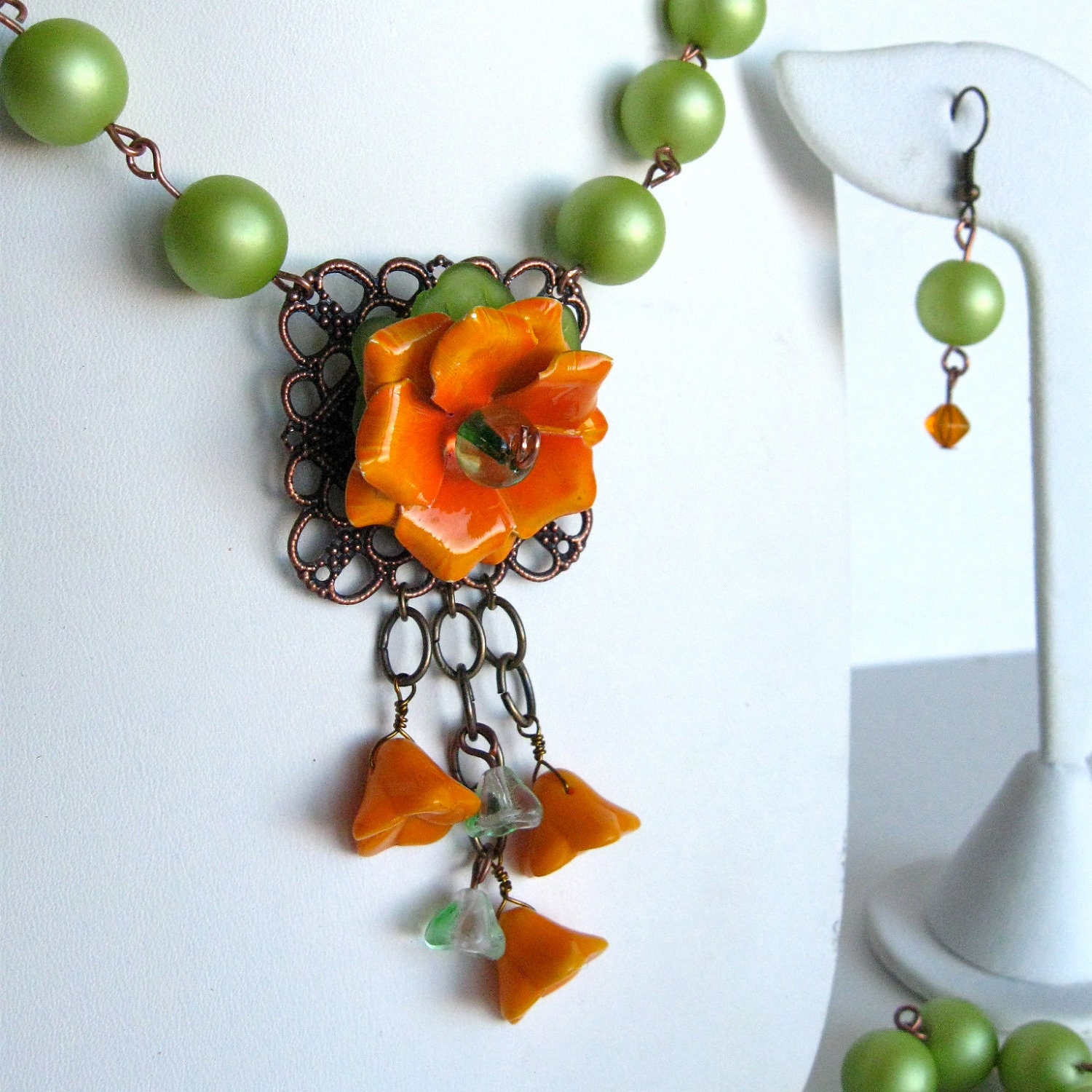 SALE Lime green beaded necklace, orange vintage brooch pendant, spring flowers parure, earrings and bracelet