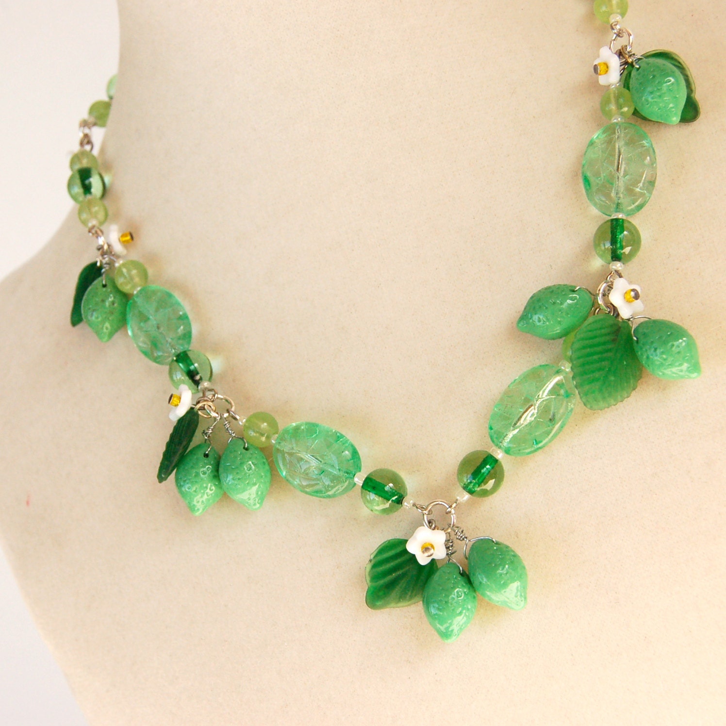 Lime necklace, vintage inspired czech glass wire wrapped beaded fruit necklace, lime green