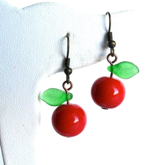 Apple earrings fruit jewelry, red apple beaded earrings
