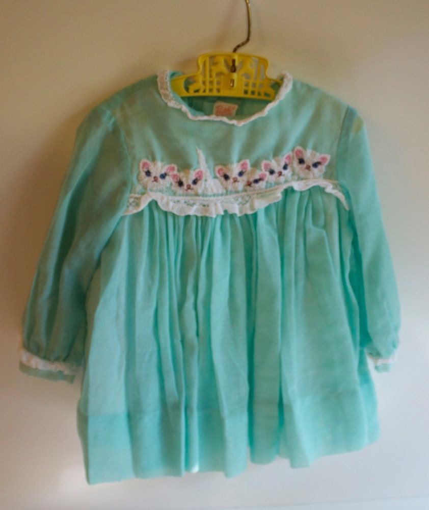 Vintage Turquoise Girls Kitty Dress by Ruth of Carolina