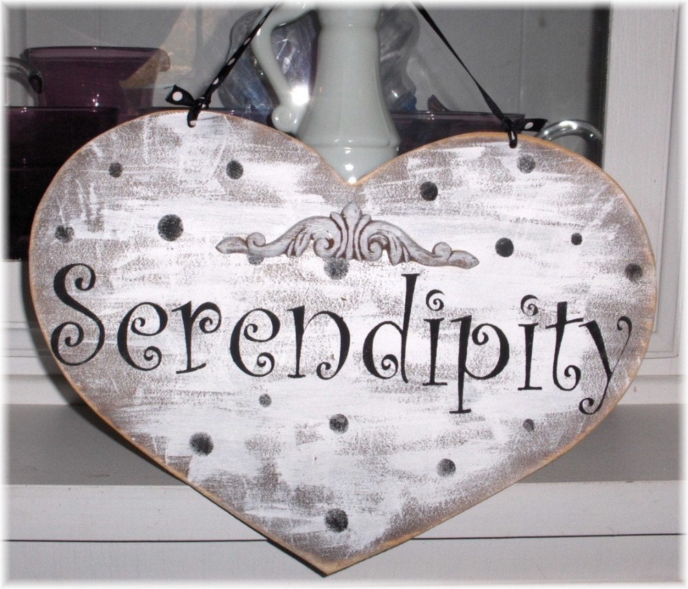 Serendipity White Heart With Black Polka Dots Shabby Cottage Wood Sign Custom