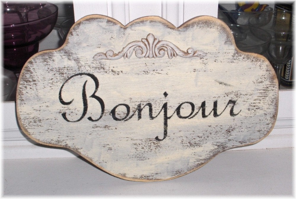 Bonjour Cream Shabby Cottage Wall Decoration Wood Sign