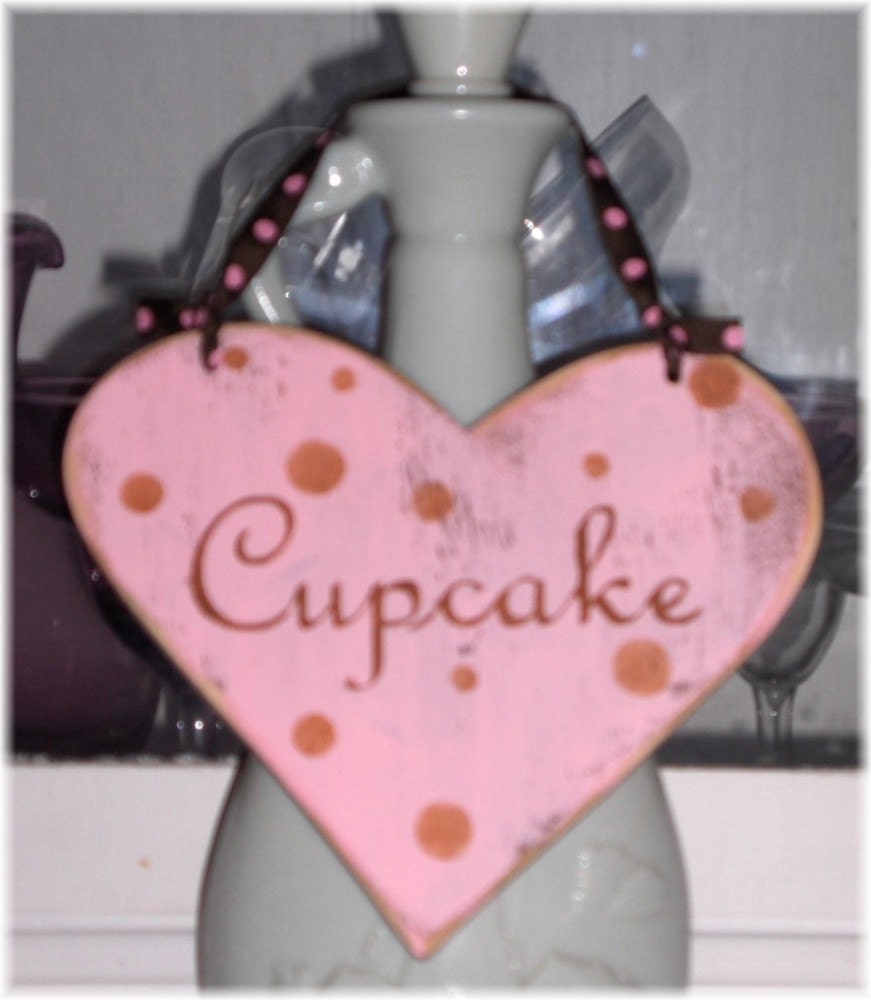 Shabby Cottage Pink And Brown Heart Cupcake Wood Sign Custom Sign