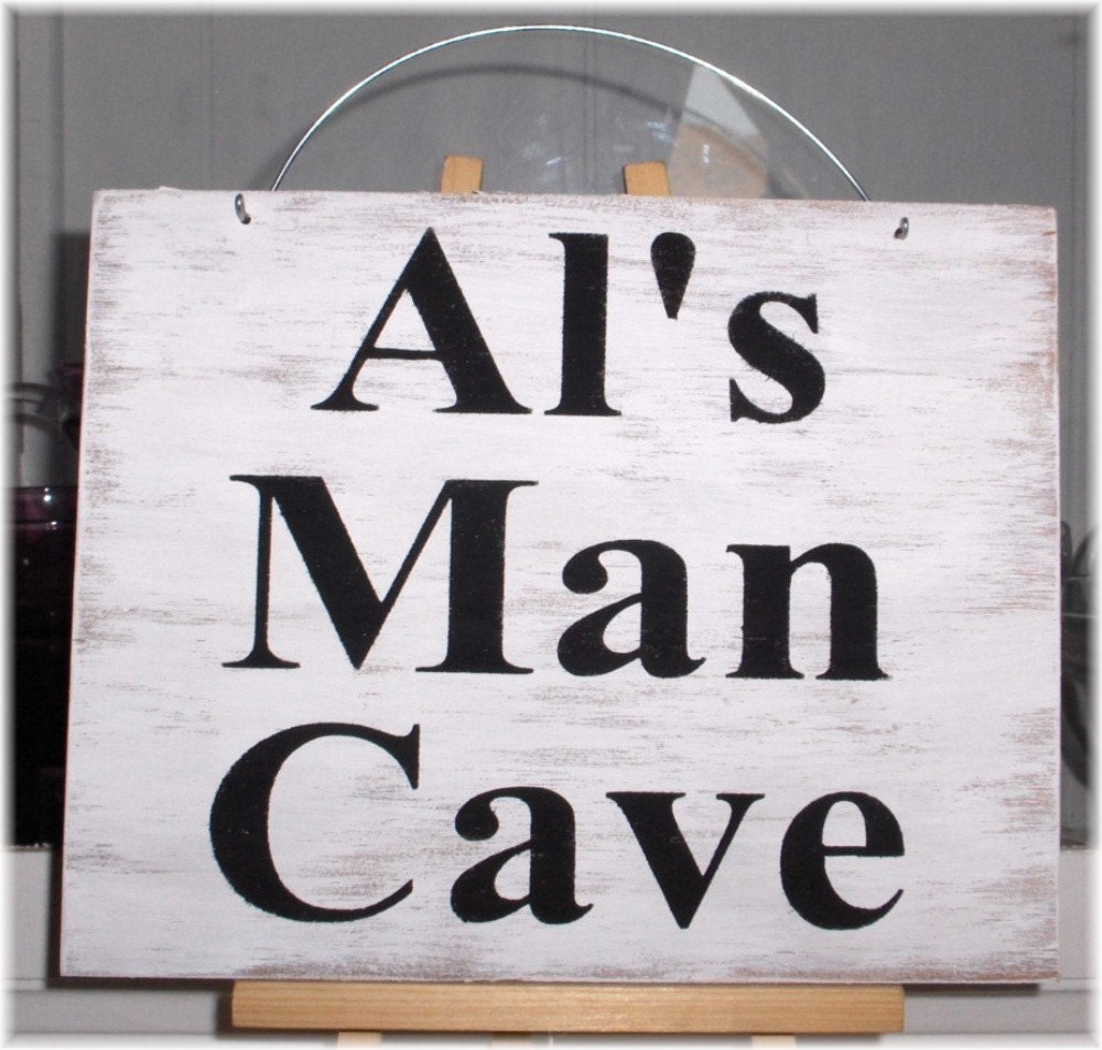 Man Cave Personalized Name White Wood Custom Sign Fathers Day Gift Manly Male Hubby Birthday Gift