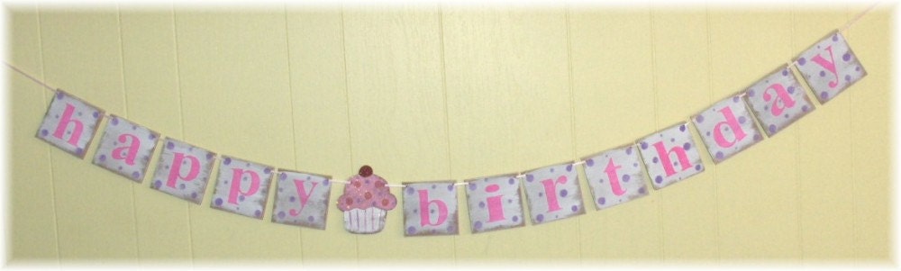 Happy Birthday Cupcake Banner Garland Shabby Chic Pink With Lavender Polka Dots Custom Wood Sign