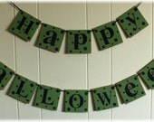 Happy Halloween Banner Garland Bright Green Wood Holiday Decoration 4 x 4 Tiles polka dots