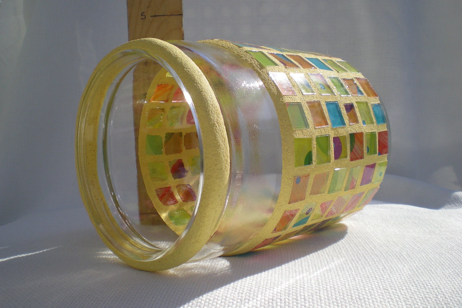 Rainbow Golden Yellow Hand Painted Glass Mosaic Tile Vintage Jar Kitchen Canister Holiday Gift