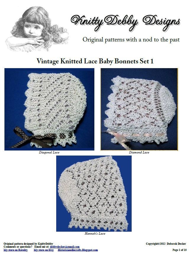 3 Knitted Lace Baby Bonnet knitting patterns Collection of 3 patterns in Set 1 Easy to knit PDF