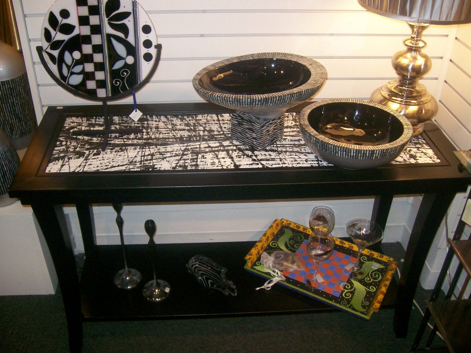 Contemporary wood console table black and white handpainted canvas insert
