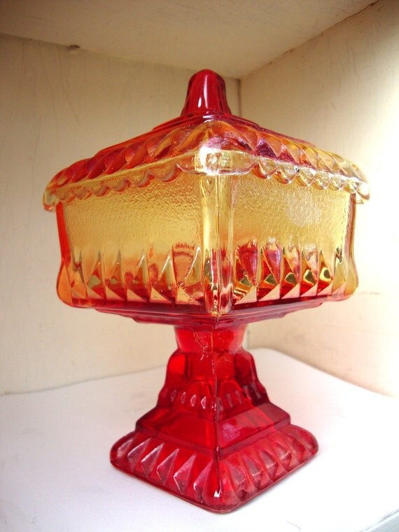 Red candy jar dish pedestal with lid vintage glass by UpstartCrow