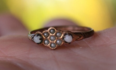 Victorian Seed Pearl and Milk Glass Gold Filled Ring - Signed