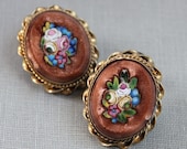 Large Victorian 14k Aventurine Pietra Dura Micro Mosaic Earrings / Goldstone