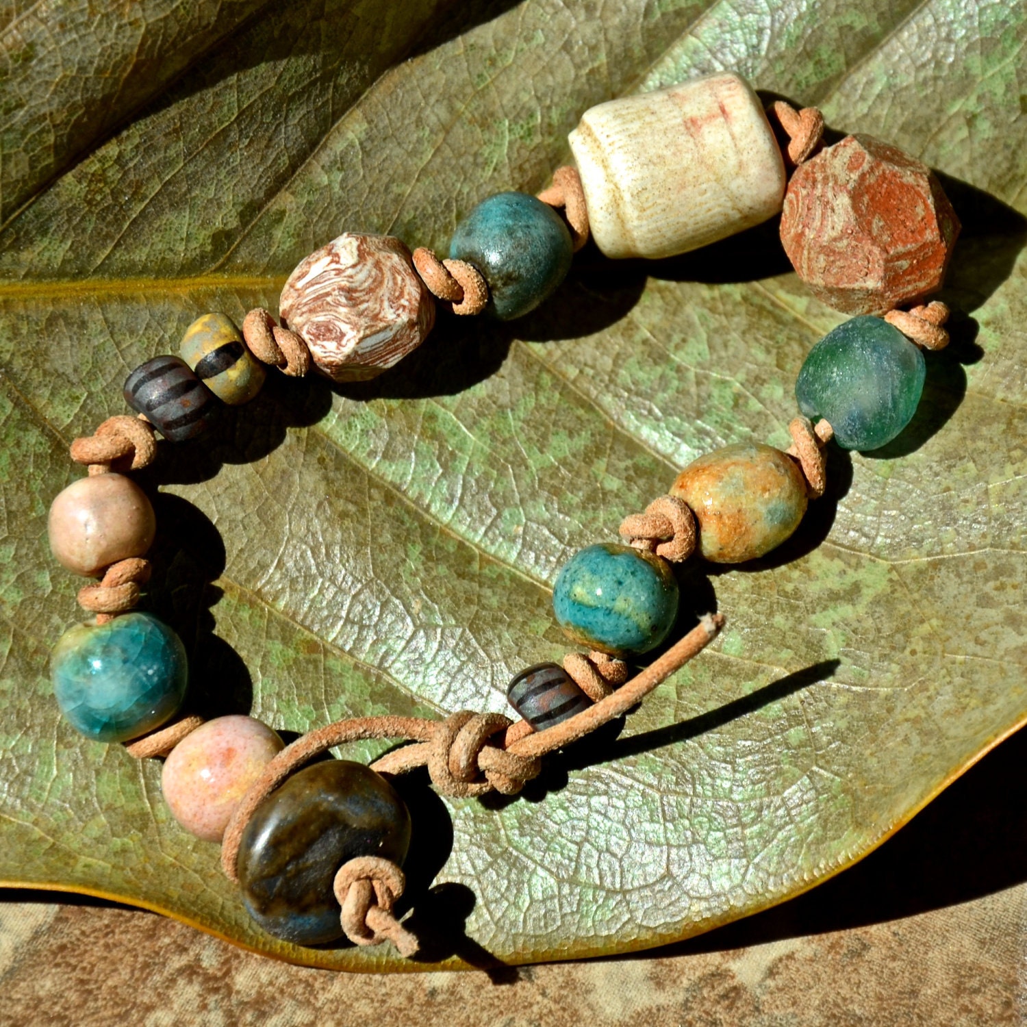 Closeout SALE Desert Song Handcrafted, Ceramic and Greek Leather Artisan Bracelet