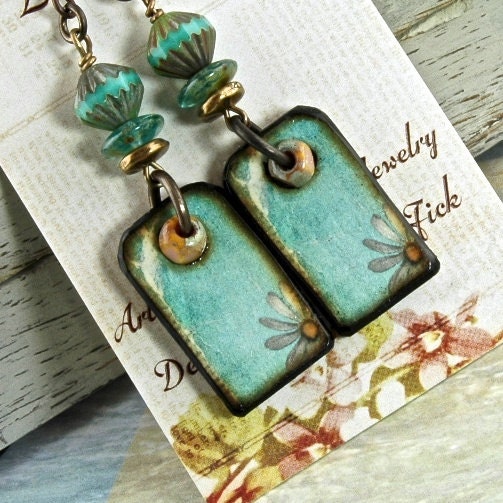 He Love me, He loves me not Art Wood Tile Aqua and Peach Earrings