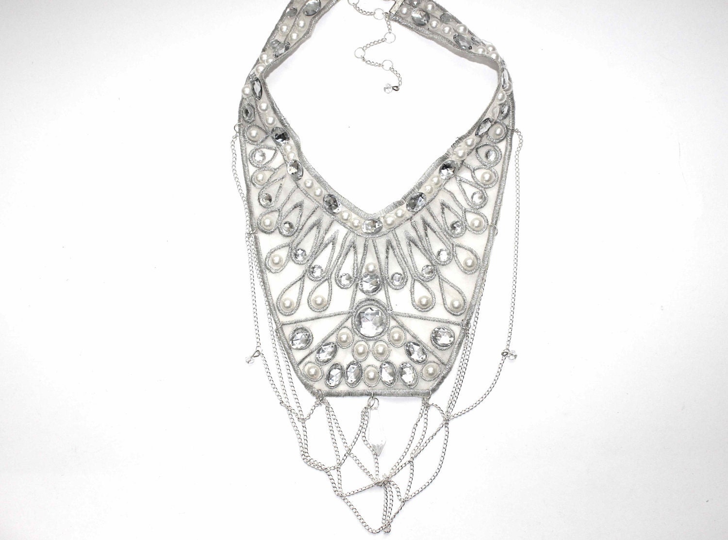 ON SALE Crystallised Silver and Pearl Bib & Multilayer Chain Necklace
